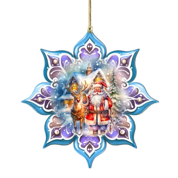 Wooden Snowflake Ornament with Santa and Reindeer