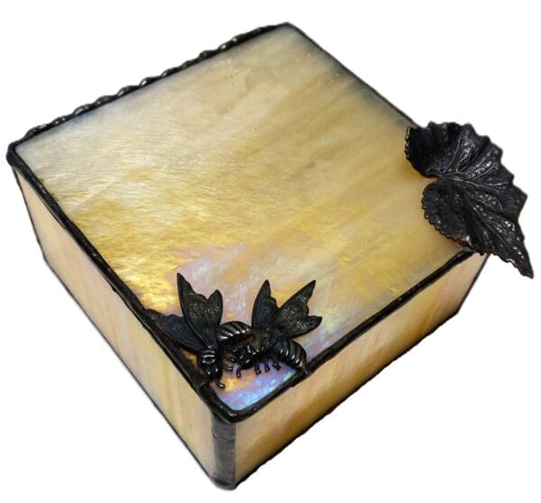 Stained Glass Jewelry Box with Bees and Leaf