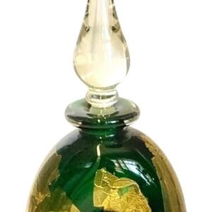 A green and gold glass bottle with a clear top.