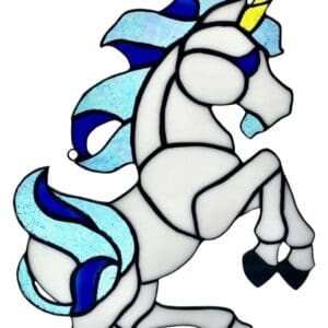 A stained glass unicorn with blue and white colors.