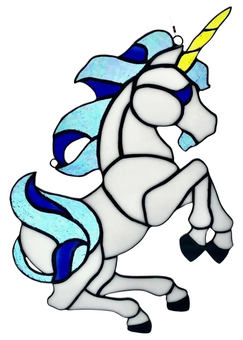 A stained glass unicorn with blue and white colors.