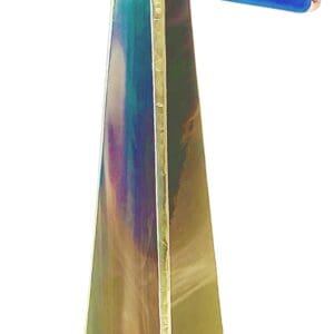 A tall colorful wooden cross with a blue and purple background.