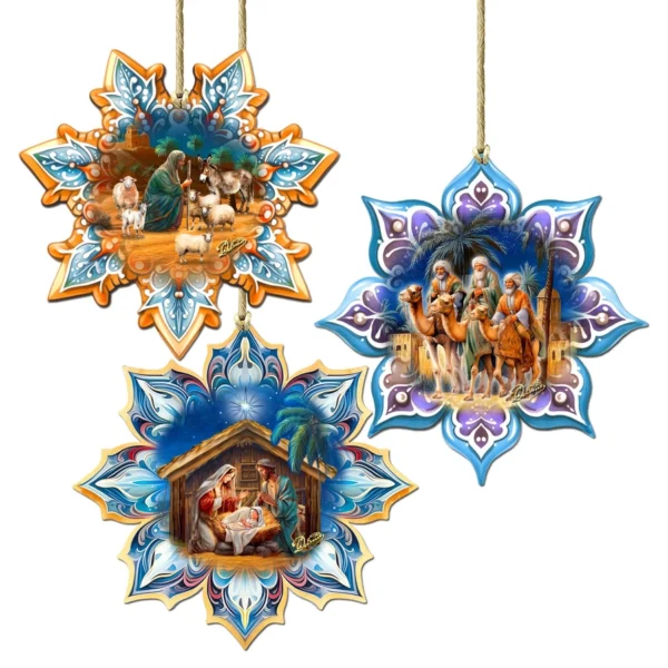 Wooden Snowflake Ornaments with Nativity Scene, Set of Three