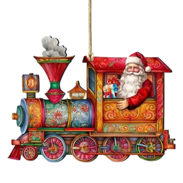 Wooden Train Ornament with Santa